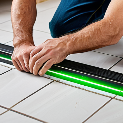 A focused individual, fully clothed in modest, durable work attire, precisely setting a large format tile on a floor. A bright green laser level casts a perfect horizontal line across the tile and wall, ensuring alignment. Tile leveling system clips are visible between tiles, maintaining evenness. The workspace is clean and well-organized, with natural light streaming in. Professional photography, high quality, perfect anatomy, correct proportions, natural pose, well-formed hands, proper finger count, natural body proportions, safe for work, appropriate content, fully clothed, family-friendly.