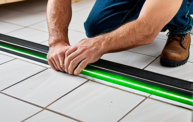 A focused individual, fully clothed in modest, durable work attire, precisely setting a large format tile on a floor. A bright green laser level casts a perfect horizontal line across the tile and wall, ensuring alignment. Tile leveling system clips are visible between tiles, maintaining evenness. The workspace is clean and well-organized, with natural light streaming in. Professional photography, high quality, perfect anatomy, correct proportions, natural pose, well-formed hands, proper finger count, natural body proportions, safe for work, appropriate content, fully clothed, family-friendly.