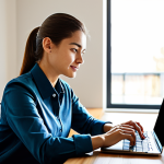 A professional young woman, fully clothed in a modest, modern business casual outfit, sits comfortably at a minimalist wooden desk in a sunlit, stylish home office. She is looking at a laptop screen with a thoughtful, satisfied expression, a small, neatly packaged item visible nearby. The room conveys a sense of organized comfort and smart living. safe for work, appropriate content, fully clothed, professional, perfect anatomy, correct proportions, natural pose, well-formed hands, proper finger count, natural body proportions, high quality, professional photography.