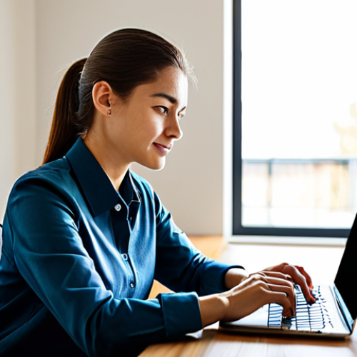 A professional young woman, fully clothed in a modest, modern business casual outfit, sits comfortably at a minimalist wooden desk in a sunlit, stylish home office. She is looking at a laptop screen with a thoughtful, satisfied expression, a small, neatly packaged item visible nearby. The room conveys a sense of organized comfort and smart living. safe for work, appropriate content, fully clothed, professional, perfect anatomy, correct proportions, natural pose, well-formed hands, proper finger count, natural body proportions, high quality, professional photography.