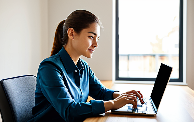 A professional young woman, fully clothed in a modest, modern business casual outfit, sits comfortably at a minimalist wooden desk in a sunlit, stylish home office. She is looking at a laptop screen with a thoughtful, satisfied expression, a small, neatly packaged item visible nearby. The room conveys a sense of organized comfort and smart living. safe for work, appropriate content, fully clothed, professional, perfect anatomy, correct proportions, natural pose, well-formed hands, proper finger count, natural body proportions, high quality, professional photography.