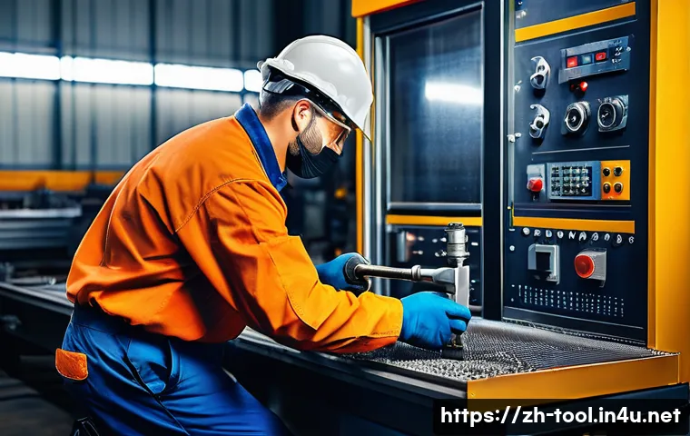 작업 환경별 최적의 공구 선택법 - A highly detailed industrial factory workshop scene featuring a technician using a CNC drilling mach...