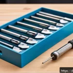철물점 인기 상품 및 베스트셀러 - A close-up scene of a multi-functional stainless steel screwdriver set neatly arranged on a wooden w...