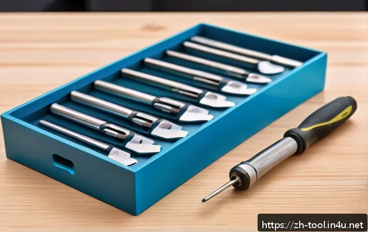 철물점 인기 상품 및 베스트셀러 - A close-up scene of a multi-functional stainless steel screwdriver set neatly arranged on a wooden w...