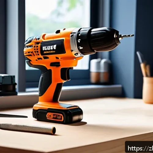 전문가들이 많이 사용하는 공구 브랜드 - A professional workshop scene featuring a sturdy, ergonomically designed cordless power drill with s...