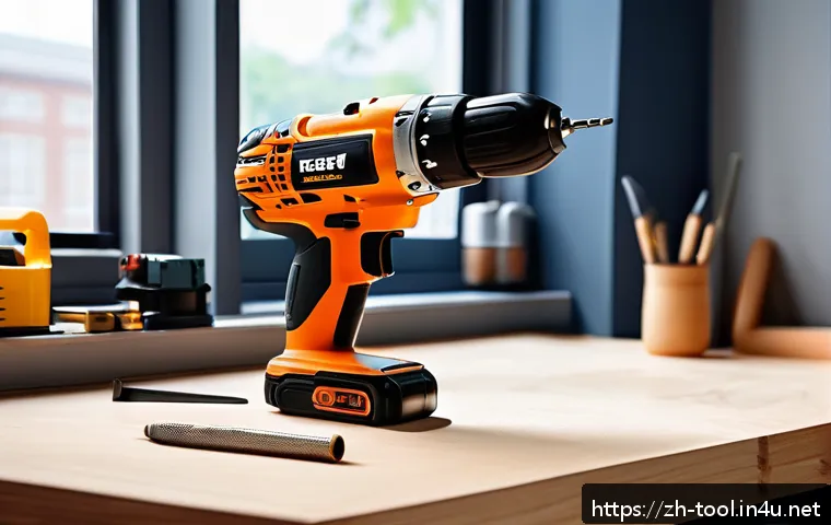 전문가들이 많이 사용하는 공구 브랜드 - A professional workshop scene featuring a sturdy, ergonomically designed cordless power drill with s...