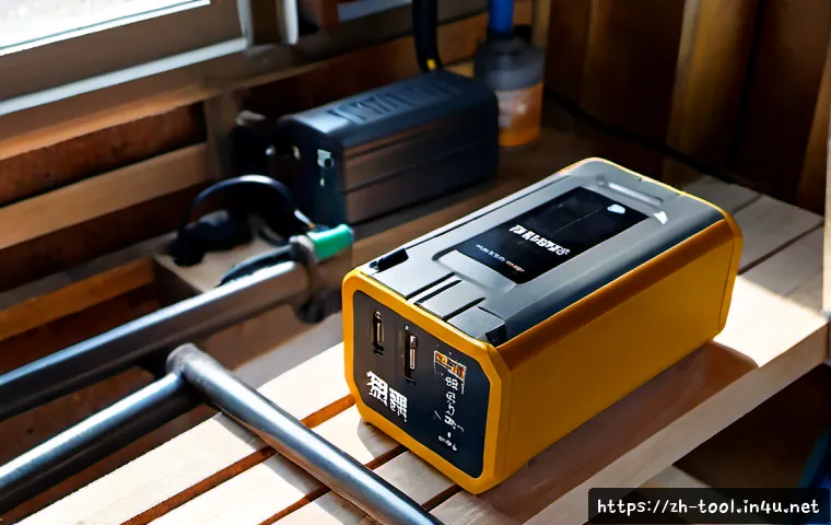 전동 공구 배터리 수명 연장 방법 - Photorealistic close-up of a cordless power tool battery resting on a clean wooden workbench beside ...
