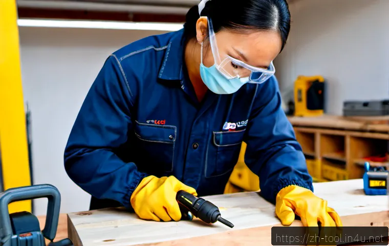 공구 사용 안전수칙 및 주의사항 - Photorealistic workshop safety scene, adult worker wearing clear safety goggles, hearing protection,...